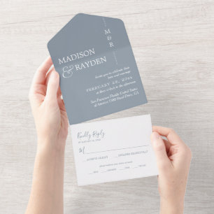 Invitation Tout En Un Monogramme bleu pâle et mariage blanc