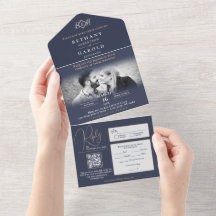 Monogramme bleu tout en un mariage Invite