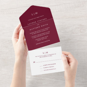 Invitation Tout En Un Monogramme bordeaux simple Mariage élégant