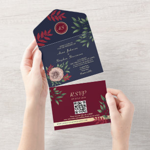 Invitation Tout En Un Monogramme Bourgogne QR Code Mariage