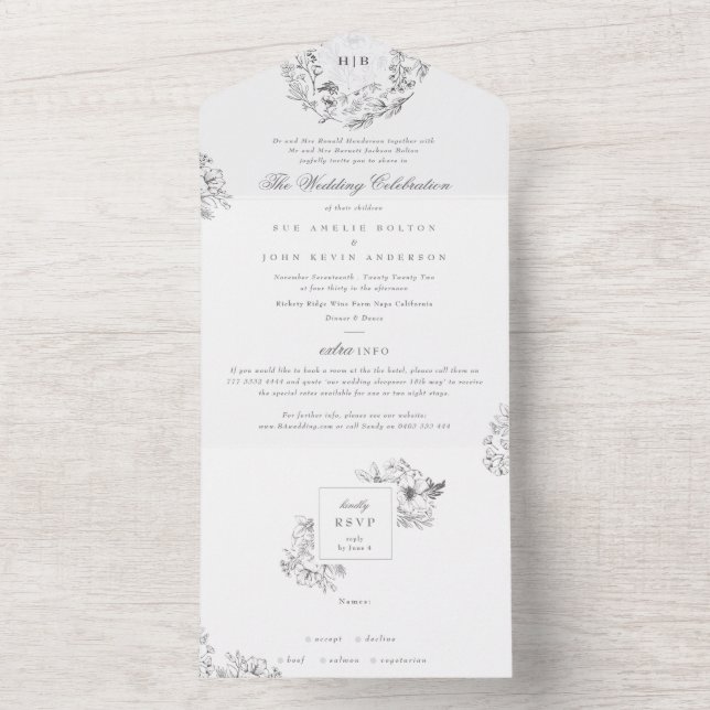 Invitation Tout En Un Monogramme Classique Botanique Florales Mariage (À l'intérieur)