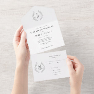 Invitation Tout En Un Monogramme de couronne ovale Mariage noir blanc