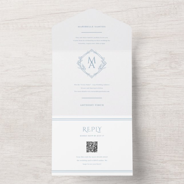 Invitation Tout En Un Monogramme Diamant Avec Fleurs Triplé Mariage (À l'intérieur)