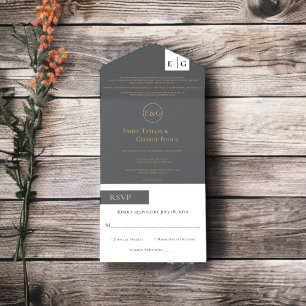 Invitation Tout En Un Monogramme d'or gris minimal moderne Mariage éléga