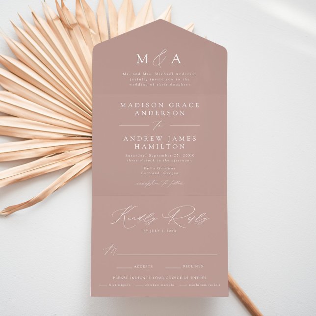 Invitation Tout En Un Monogramme élégant moderne Dusty Rose Mariage (Créateur téléchargé)