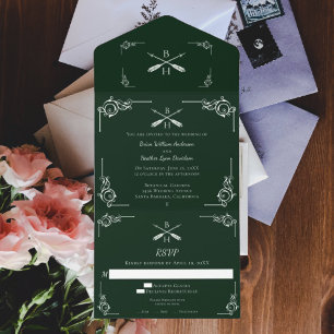 Invitation Tout En Un Monogramme et Mariage des flèches Emerald Green