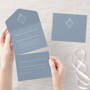 Invitation Tout En Un Monogramme et RSVP vintage de mariage bleu poussié