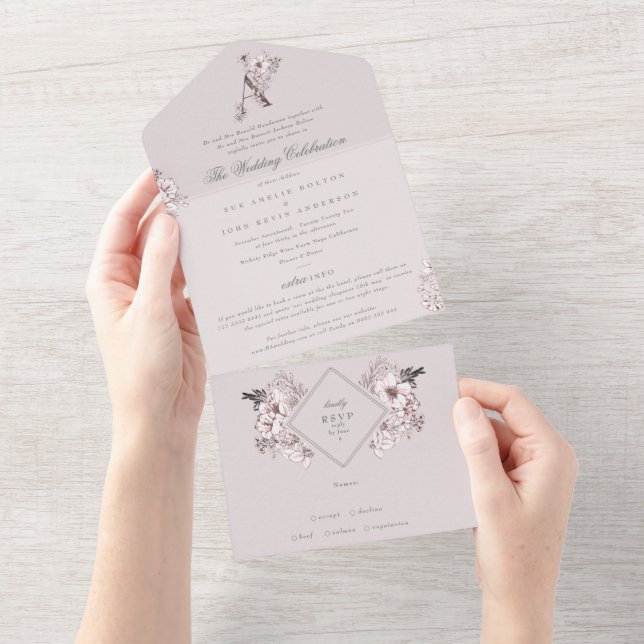 Invitation Tout En Un Monogramme floral rose vif Classique Mariage éléga (Déchirure)