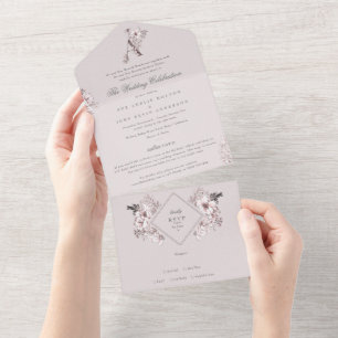 Invitation Tout En Un Monogramme floral rose vif Classique Mariage éléga