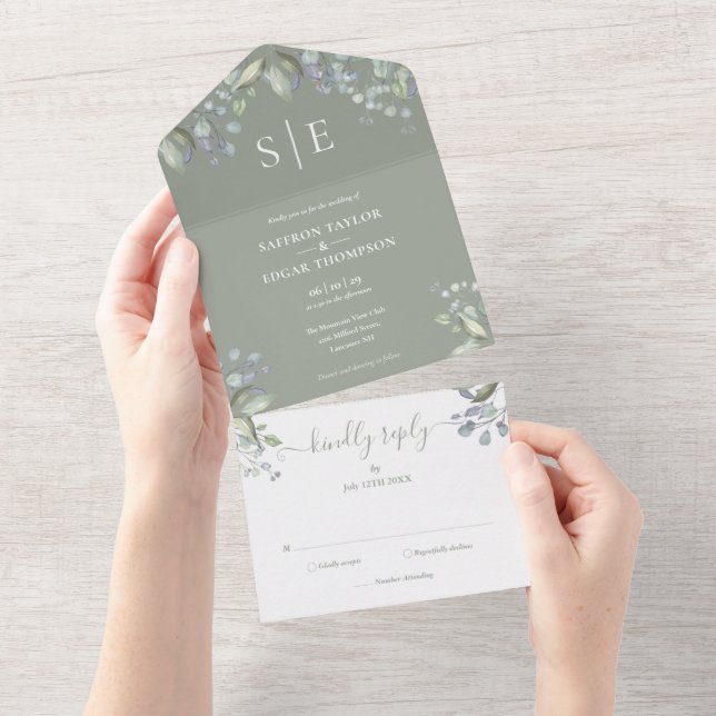 Invitation Tout En Un Monogramme Floral Verdure Sage Vert Mariage (Déchirure)