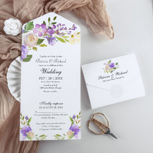 Invitation Tout En Un Monogramme Floral Violet Élégant Mariage