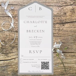 Invitation Tout En Un Monogramme gris et blanc Code QR minimal