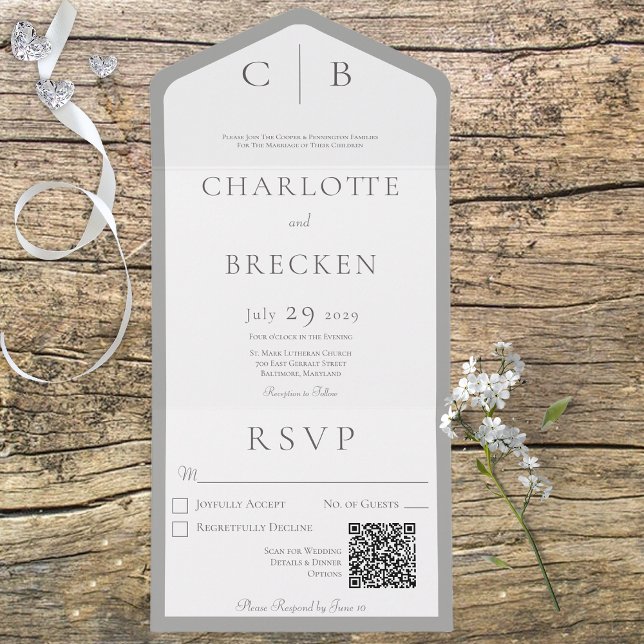 Invitation Tout En Un Monogramme gris et blanc Code QR minimal (Créateur téléchargé)
