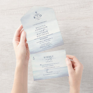 Invitation Tout En Un Monogramme Mariage d'aquarelle marine