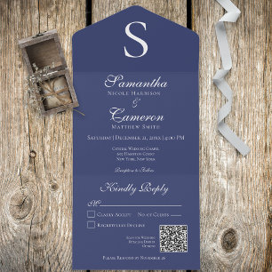Invitation Tout En Un Monogramme Marine bleu QR Code