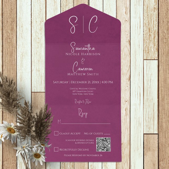 Invitation Tout En Un Monogramme minimal magenta moderne Code QR (Créateur téléchargé)