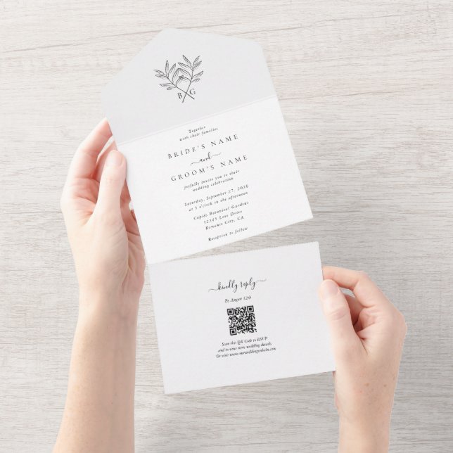 Invitation Tout En Un Monogramme minimaliste botanique rustique Mariage (Déchirure)