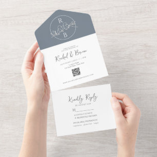 Invitation Tout En Un Monogramme minimaliste Dusty Mariage bleu