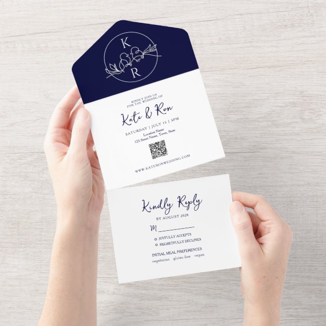 Invitation Tout En Un Monogramme minimaliste Mariage bleu marine (Déchirure)