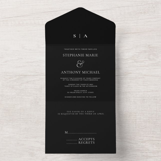 Invitation Tout En Un Monogramme minimaliste moderne Mariage noir et bla (À l'intérieur)