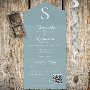 Invitation Tout En Un Monogramme moderne Aqua Blue QR Code