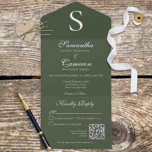 Invitation Tout En Un Monogramme moderne Code QR minimal vert foncé