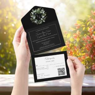 Invitation Tout En Un Monogramme moderne Eucalyptus Wreath Black