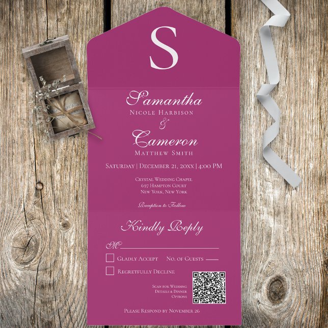 Invitation Tout En Un Monogramme moderne Fuchsia rose QR Code (Créateur téléchargé)