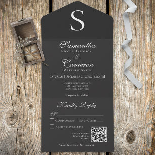 Invitation Tout En Un Monogramme moderne Noir QR Code