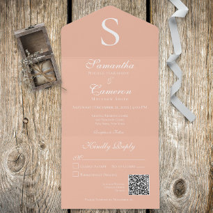 Invitation Tout En Un Monogramme moderne Peach Blush QR Code