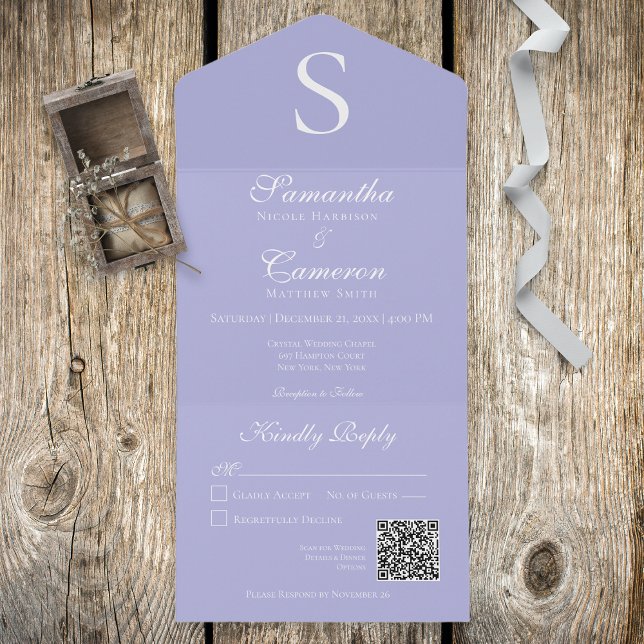 Invitation Tout En Un Monogramme moderne Périwinkle QR Code (Créateur téléchargé)