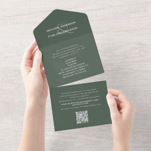 Invitation Tout En Un Monogramme moderne QR Code Mariage RSVP Moss Green