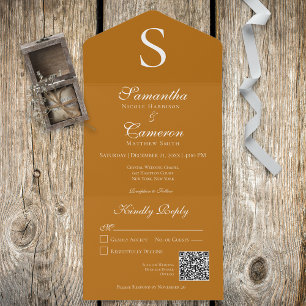 Invitation Tout En Un Monogramme moderne rouille brûlé Orange QR Code
