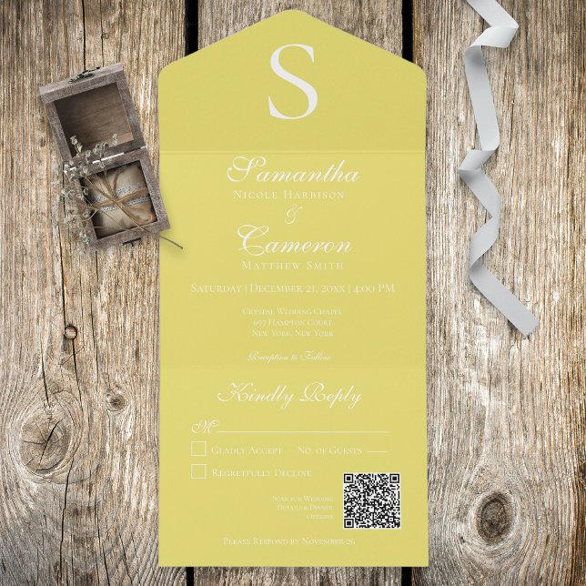Invitation Tout En Un Monogramme moderne Sunflower Yellow QR Code (Créateur téléchargé)