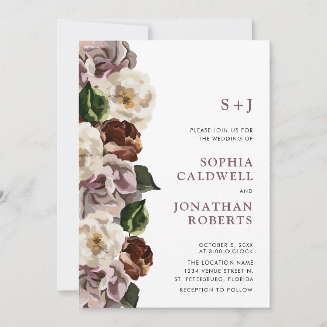 Invitation Tout en un monogramme Moody Floral Mariage frontiè (Devant)