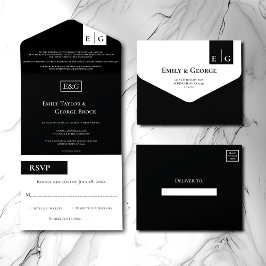 Invitation Tout En Un Monogramme noir et blanc moderne Mariage élégant