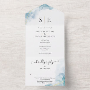 Invitation Tout En Un Monogramme noir or Mariage d'aquarelle bleu