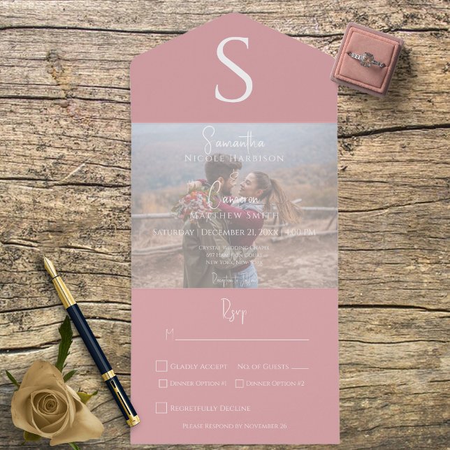 Invitation Tout En Un Monogramme Photo moderne Dîner rose Dusty (Créateur téléchargé)