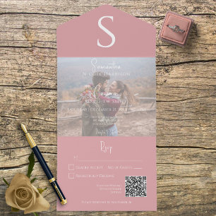 Invitation Tout En Un Monogramme Photo moderne Dusty rose QR Code