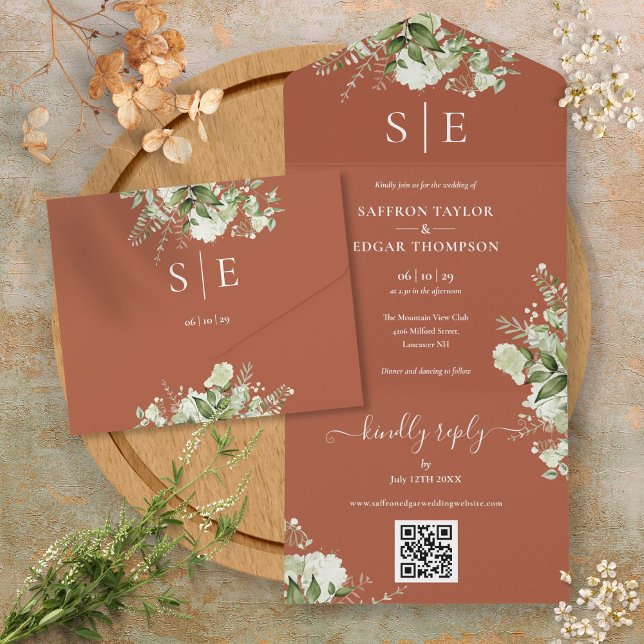Invitation Tout En Un Monogramme QR Code Vert Mariage en terre cuite (Monogram QR Code Greenery Terracotta Wedding All In One Invitation)