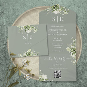 Invitation Tout En Un Monogramme QR Code Vert Sage Vert Mariage