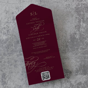 Invitation Tout En Un Monogramme romantique Bourgogne QR Code Mariage