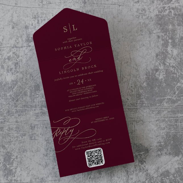Invitation Tout En Un Monogramme romantique Bourgogne QR Code Mariage (Créateur téléchargé)