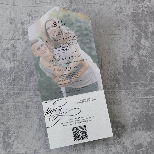 Invitation Tout En Un Monogramme romantique Photo QR Code Mariage (Créateur téléchargé)