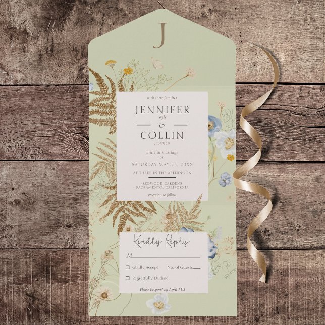 Invitation Tout En Un Monogramme Russe Fleur sauvage Lt Green No Dinner (Rustic Wildflowers Monogram Light Green All in One Wedding Invitation without Dinner Options)