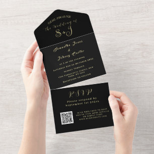 Invitation Tout En Un Monogramme Simple Black Gold QR Code Mariage