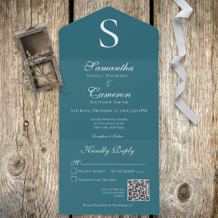 Invitation Tout En Un Monogramme Turquoise bleu QR Code