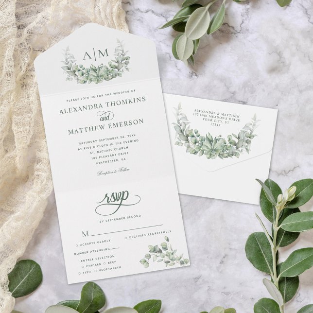 Invitation Tout En Un Monogramme Verdure Eucalyptus Mariage élégant (Créateur téléchargé)