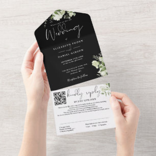 Invitation Tout En Un Monogramme vert noir et blanc QR Code Mariage