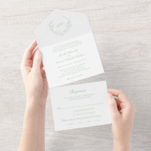 Invitation Tout En Un Monogramme Vert Sage Traditionnel Mariage Élégant
